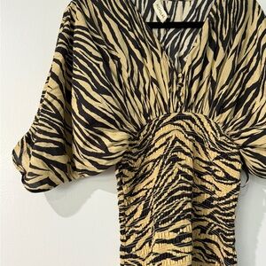 Nicolas Zebra Print Midi Dress – Chic Ruched Waist, Flowy Fit